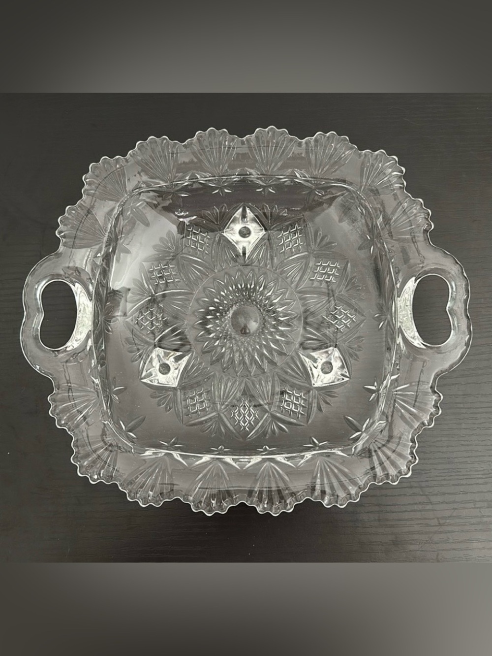 Pasari Indonesia VTG Heavy Pressed Glass Three Foot Open Handle Serving Dish